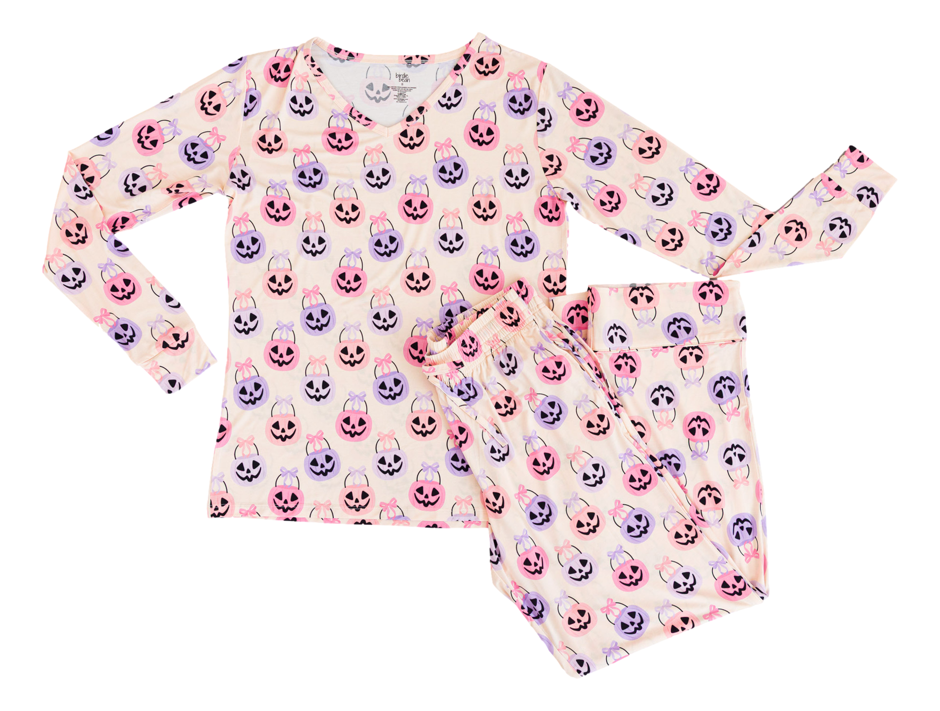 Toddler bamboo outfit with long-sleeve top and pants featuring a colorful Halloween pattern on a white background
